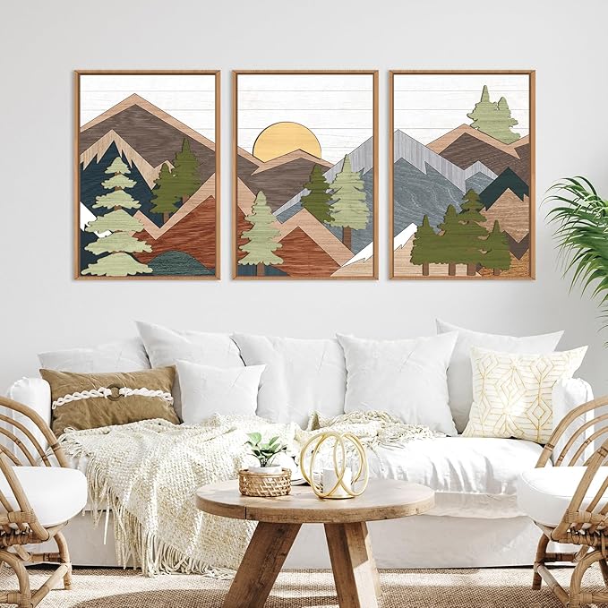 TOARTi Framed Wood Panel Mountain Forest Landscape Wall Decor (16"x24"), Vintage Nature Wilderness Woodland Wall Art, Mid Century Modern Sunrise Wooden Cut Decor for Farmhouse Bedroom Living Room