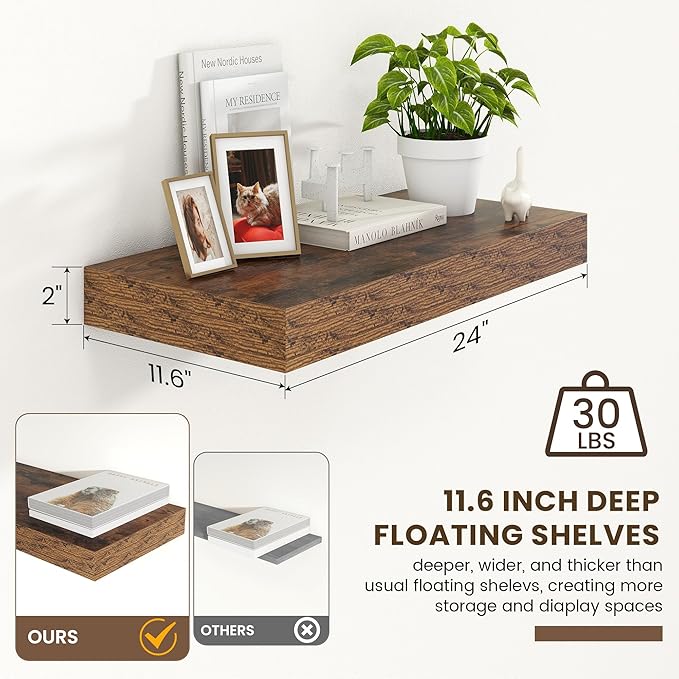 12 Inch Deep Floating Shelves | 24 Inch Brown Floating Shelves | 24" W x 12" D Rustic Wood Shelves for Wall | Deep Shelves for Living Room Bathroom Laundry Room Kitchen