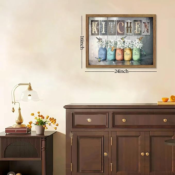 Framed Vintage Kitchen Canvas Wall Art, Retro Letter Signs with Colorful Jars, Florals and Birds Prints, Rustic Farmhouse Wood Grain Poster, Cottagecore Wall Decor for Kitchen Dining Room, 16x24in