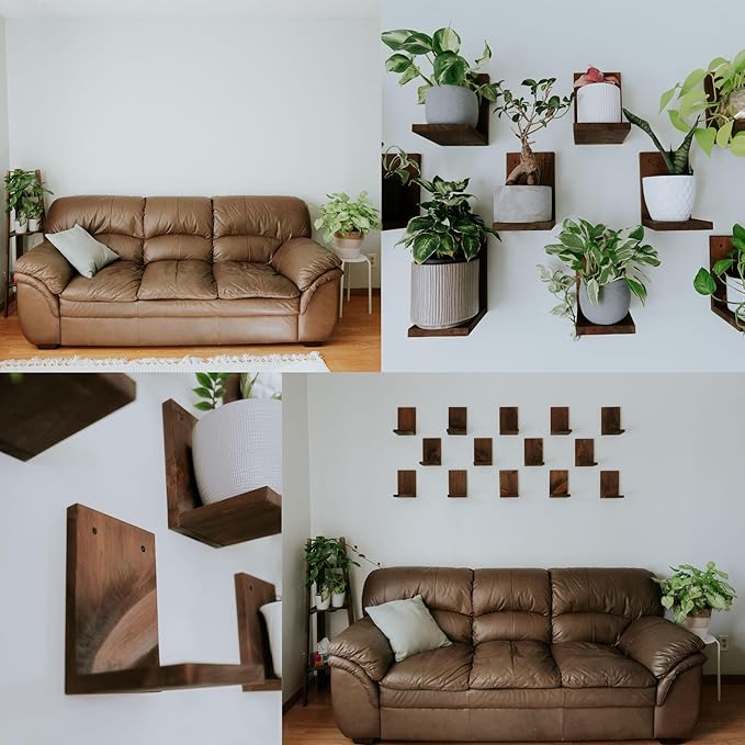 Daniel's Plants 3 Pack Midcentury Modern L Shaped Floating Shelves | Wall Mounted Plant Shelf Kit | Solid Wooden Shelf | 3 Shelves (Woodland Brown)