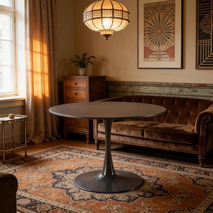 42 Inch Grey Round Tulip Table, Mid-Century Modern Tulip Kitchen Dining Table with Pedestal Base for Small Spaces, Cafe & Office