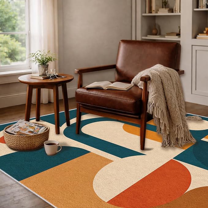 Mid Century Area Rug 4x6, Home Decor | Deep Teal Terracotta Arch Blocks, Retro Geometric Rug for Living Room, Bedroom, Home Office, Non Slip, Washable, Low Pile
