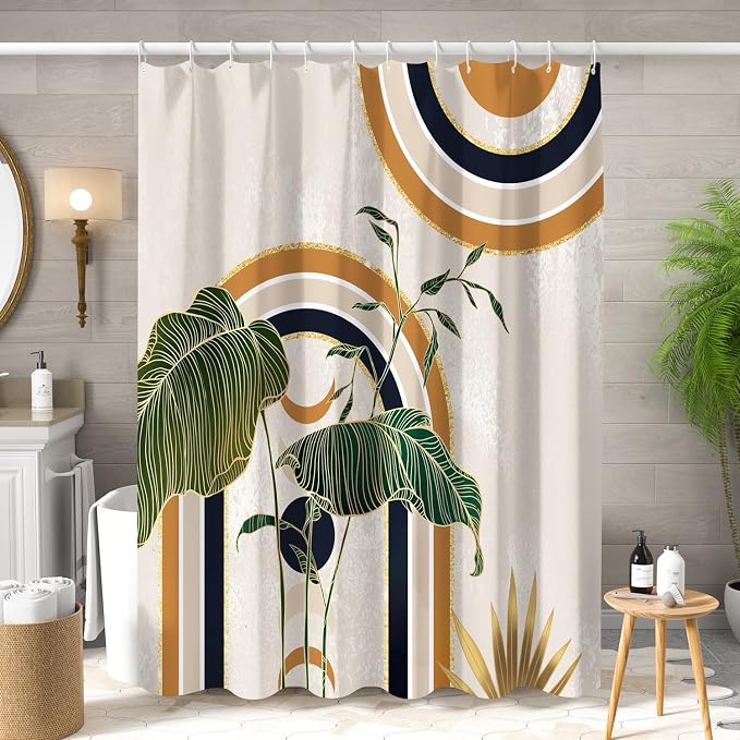 Green Brown Boho Shower Curtain Mid Century Abstract Plant Tropical Leaves Bath Curtain Modern Minimalist Geometric Arch Bath Decor Waterproof Polyester Fabric with Hooks 72x78 inch