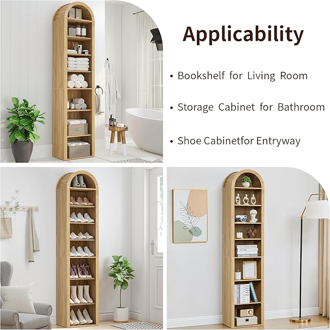 Tall Narrow Arched Bookshelf, 8-Tier Skinny Arch Bookcase for Small Space, Freestanding Storage Organizer with Adjustable Shelves, Open Display Shelves for Living Room, Entryway (Natural)