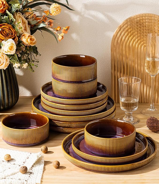 TheTerra Ceramic Dinnerware Sets for 4, 12 Pieces Porcelain Lightweight Plates and Bowls Sets, Scratch Resistant Dish Set, Oven & Microwave & Dishwasher Safe, Amber Amethyst