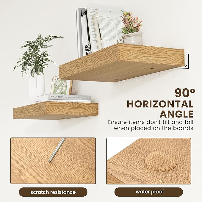 Deep Floating Shelves | 24 Inch Oak Floating Shelves Set of 2 | 12 Inch Deep Rustic Wood Shelves for Wall | 24" W x 12" D Oak Shelves for Living Room Bathroom Laundry Room Kitchen