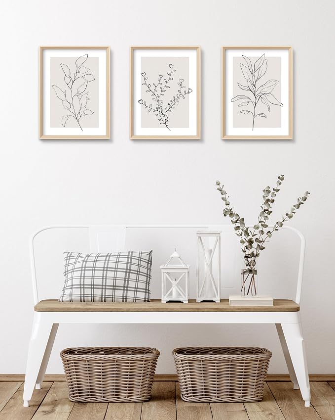HesenDot 12x16in Botanical High Framed Wall Art Set of 3, Minimalist Line Drawing Plant Canvas Prints, Neutral Modern Nature Wall Decor for Living Room Bedroom Bathroom Office
