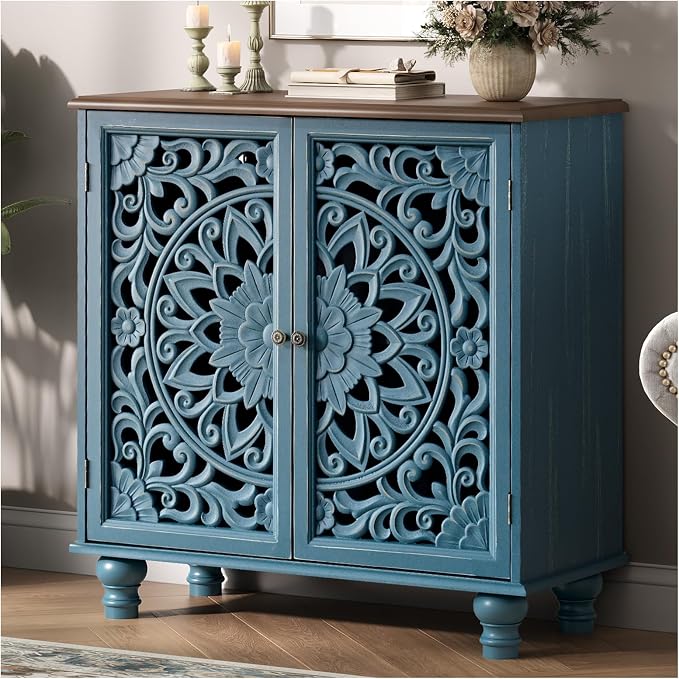 JOINICE Blue Accent Cabinet with Carved Doors, 31" Storage Cabinet for Entryway & Living Room, Vintage Sideboard Buffet Table with Adjustable Shelf, Solid Wood Legs, Boho Home Decor