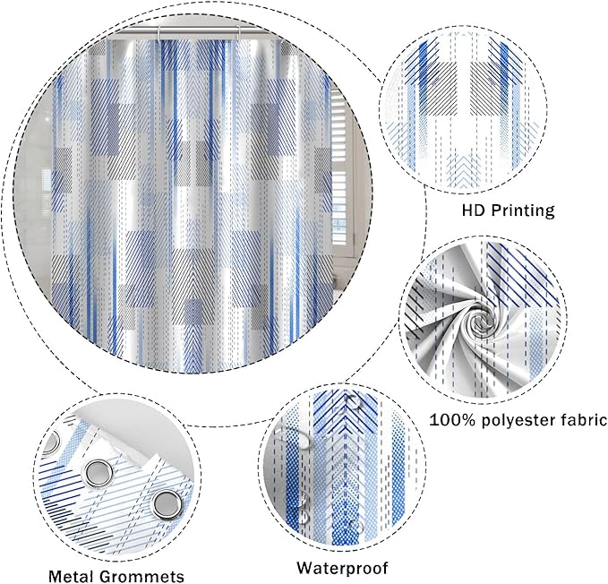 Abstract Style Shower Curtain Blue Grey Geometric Lines Pattern Shower Curtains for Art Aesthetic Bathroom Waterproof Fabric Decor Set with Hooks, 36W x 72H Inch