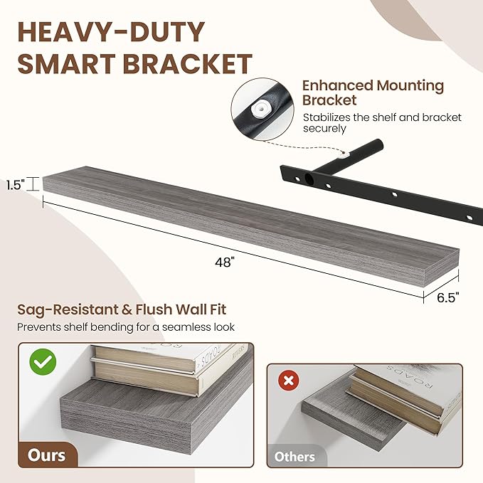 48 Inch Floating Shelves for Wall 2 Pack, 48" Wall Shelves for Books, Storage, Decor, Wall Mounted Floating Shelf with Invisible Brackets for Kitchen, Living Room, Gray