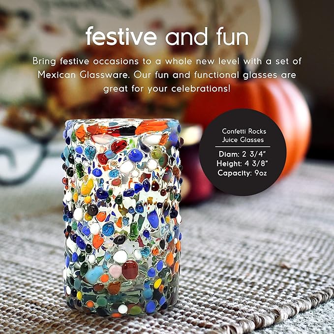 Confetti Rocks 9 oz Juice Glasses (set of 6) Mexican Handmade Multicolor Glassware, Recycled Glass, Lead-free, Toxin-Free (Juice)