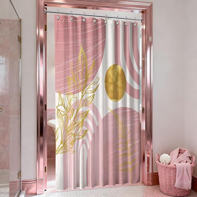 Blush Pink and Gold Shower Curtain Boho Mid Century Light Pink and White Shower Curtains for Bathroom Decor, Waterproof Cloth Fabric with Hooks, 48" W x 72" L