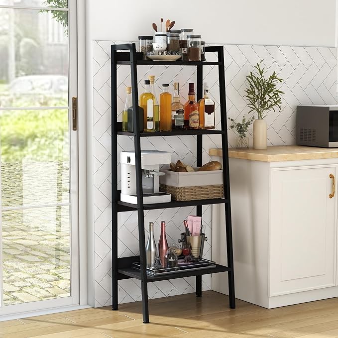 Ladder Shelf, 4 Tier Ladder Shelf, 22” Wide Tower Storage Shelf for Books, Anti Tip Feature, Steel Frame, Perfect for Bookshelf, Plants, Kitchen, Living Room, Office, Dark Gray