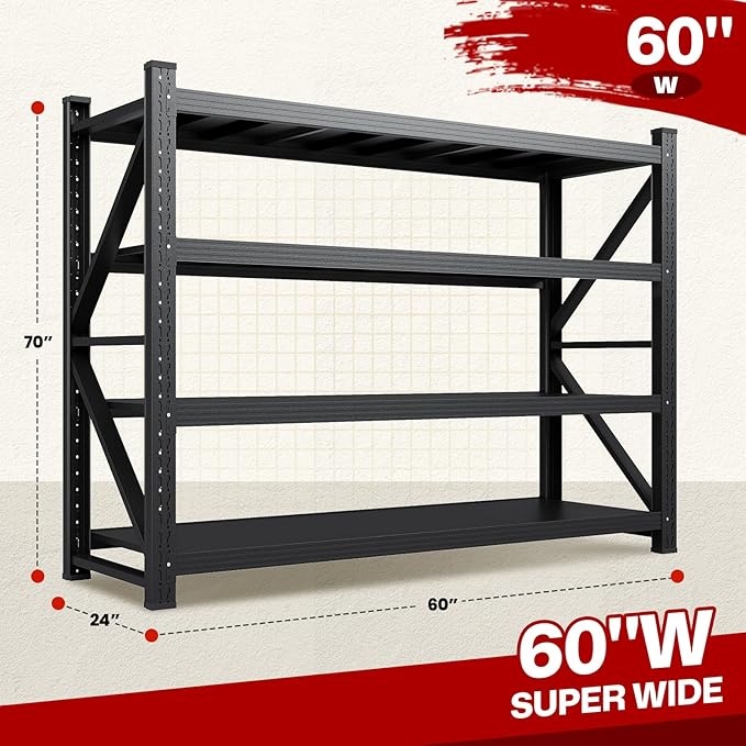 4000LBS Storage Shelves,60" W Garage Shelving Heavy Duty,4 Tier Adjustable Metal Shelving Unit,Garage Storage Shelves for Garage,Warehouse,Basement,Pantry,Kitchen,60" W x 70" Hx24 D,Black