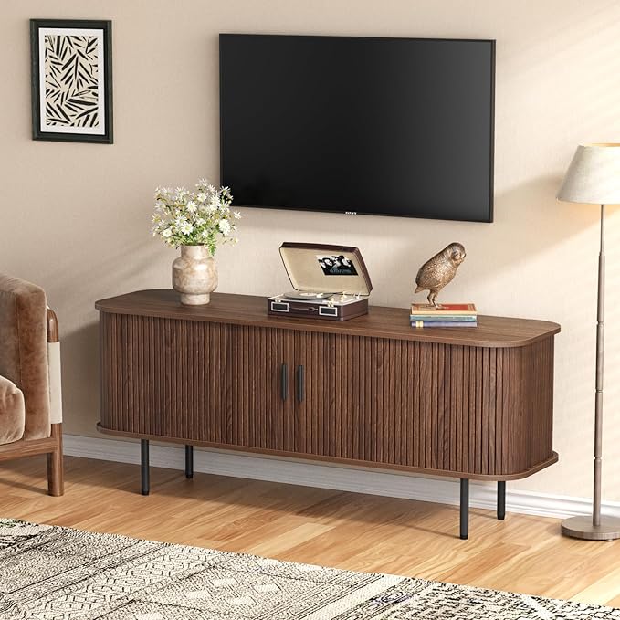 55''W Storage Cabinet, Fluted Sideboard Buffet Cabinet with Storage, Console Table Credenza with Tambour Slatted Sliding Doors and Shelves, Modern TV Stand for Living Room, Kitchen, Entryway, Walnut