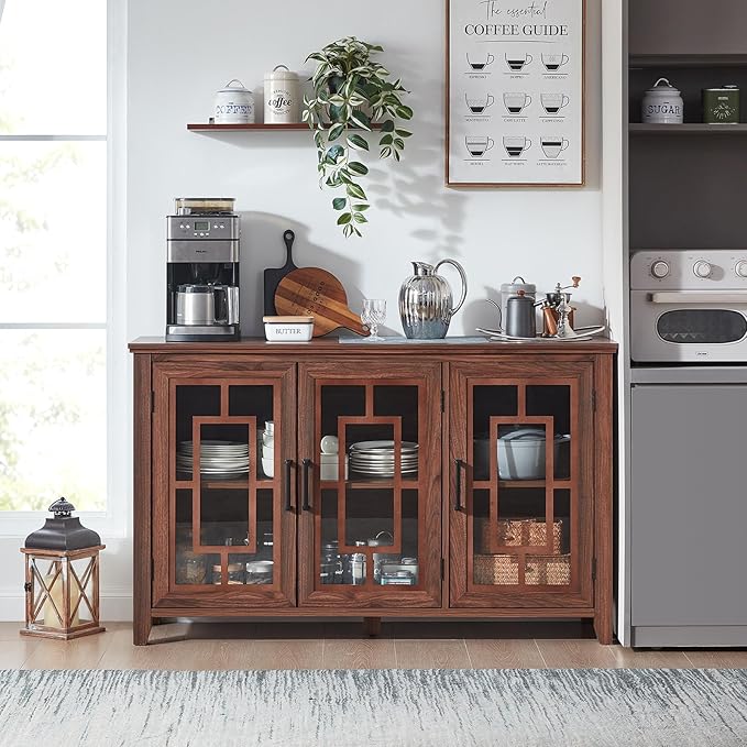 Large Sideboard Buffet Cabinet with Storage, 55" Farmhouse Kitchen Coffee Wine Bar Cabinet with 3 Glass Doors, Wood Mid Century Modern Side Board Table for Dining Room, Living Room,Brown