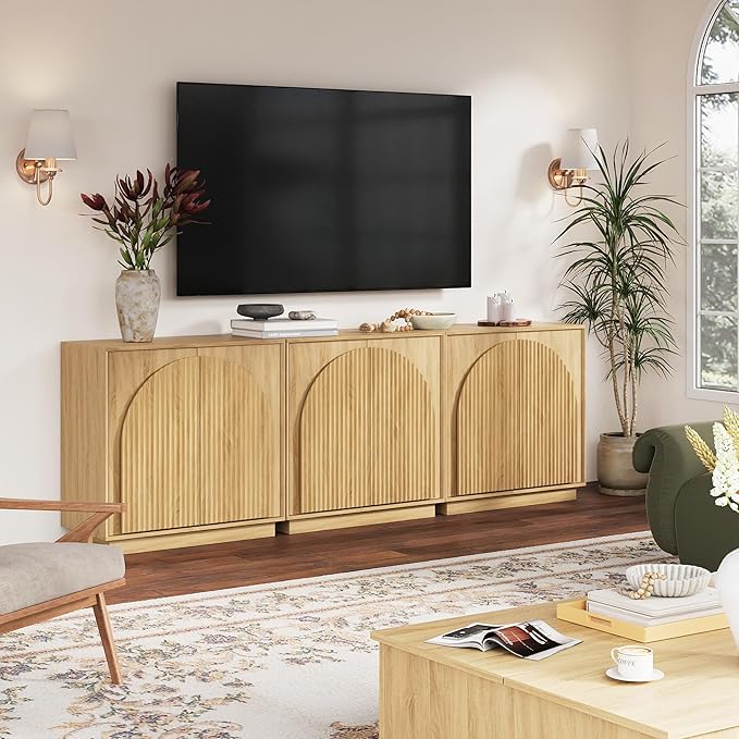 win2win Fluted Sideboard Buffet Cabinet with Storage, 31.5" Modern Boho Accent Cabinet with Double-Layered Arch Doors, Small Wood Console Credenza for Living Room, Dining Room, Entryway, Hallway, Oak