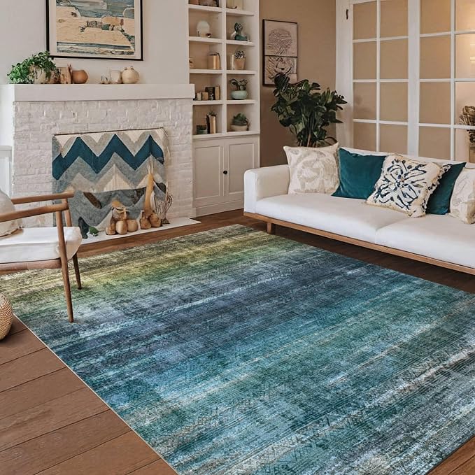 Kokia Abstract Teal Area Rugs 8x10 Bedroom Soft Living Room Rugs Washable Distressed Vintage Comfy Carpet with Non-Slip Backing for Farmhouse Home Office Room Decor, Blue and Green