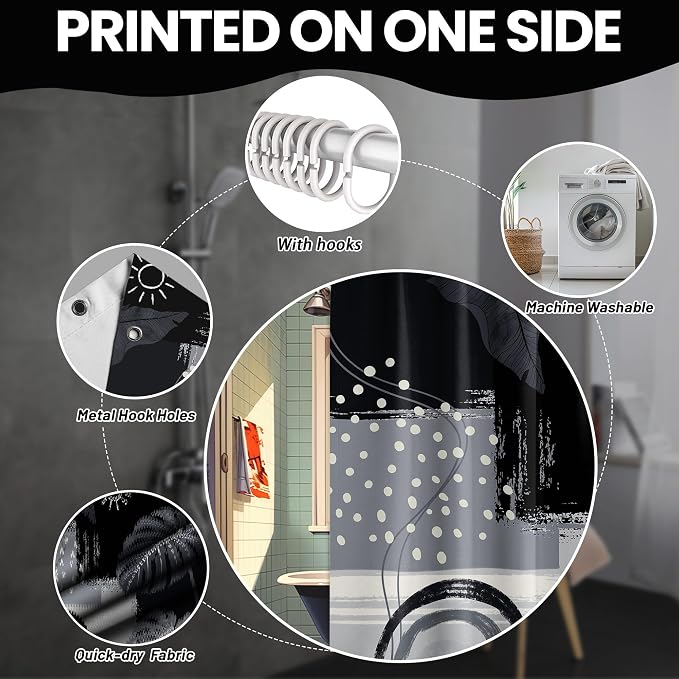 Small Stall Narrow Shower Curtain Black and Gray Stand Up Dark Black and Grey Abstract Shower Curtains for Rv Camper Bathroom Decor Sets, Waterproof Cloth Fabric with Hooks, 48 x 72 Inch