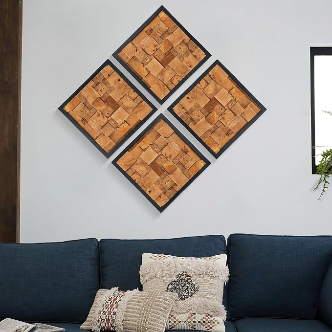 Warmaxx Rustic Teak Wood Framed Wall Decor Aesthetic 17''x17 Farmhouse Geometric Block Wall Art Christmas Decoration Home Living Room Bedroom Office Handmade Square Wooden Slatted Collage