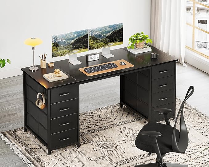 ODK 55 Inch Computer Desk with 8 Fabric Drawers, Modern Office Desk with Large Storage for Home Office, Study, Gaming, Black