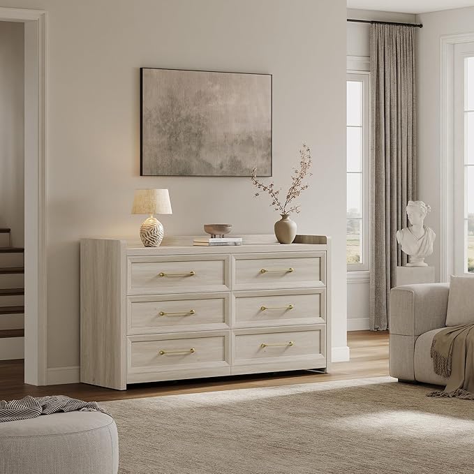 SICOTAS 6 Drawer Dresser for Bedroom-56.4" Extra-Wide Wooden Chest of Drawers with Large Storage, Long Dresser TV Stand with Drawers, Farmhouse Closet Dressers for Nursery Living Room, Grey White Oak