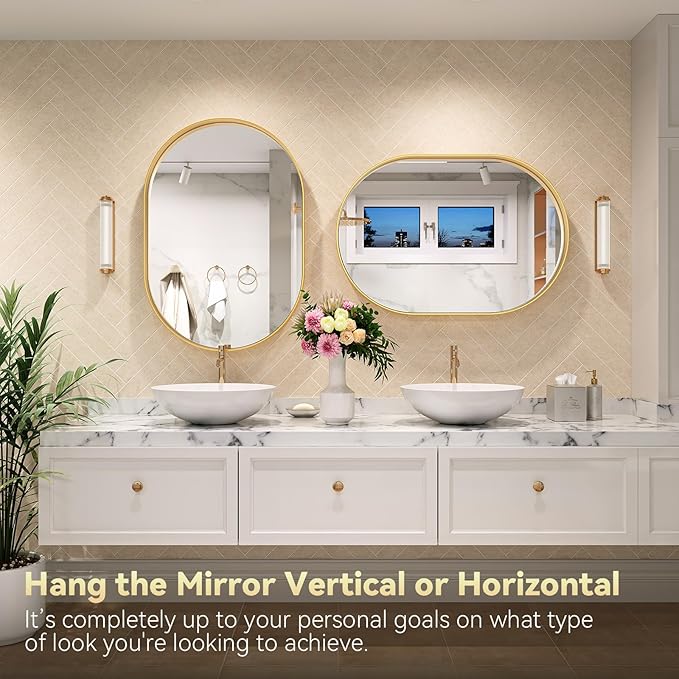 Brightify Gold Oval Mirror for Bathroom 26x38 Inch, Metal Framed Bathroom Vanity Mirrors, Modern Wall Mirror for Bedroom Living Room Wall Decorative Hang Vertical and Horizontal