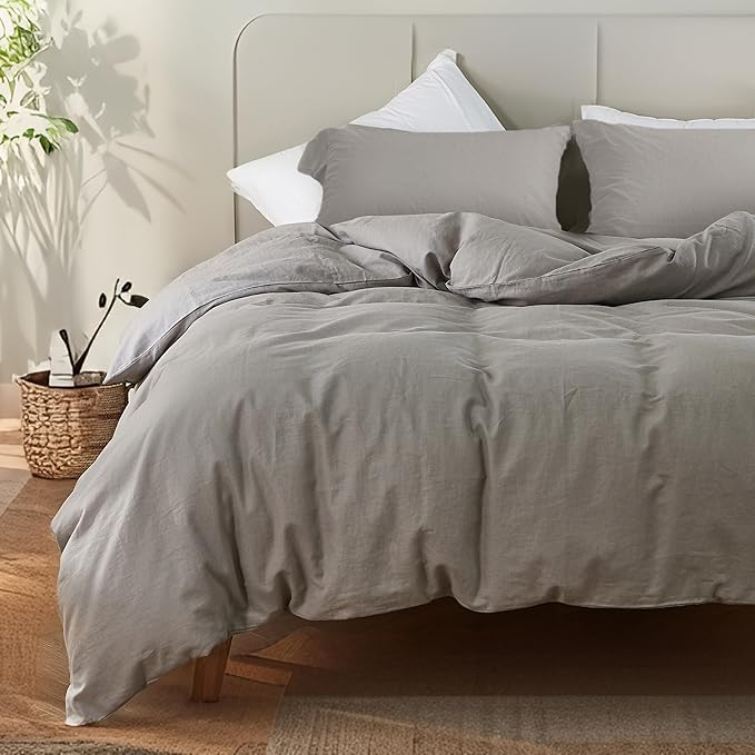 FALUCA French Linen Blend Duvet Cover Set 3Pcs Queen (88"x92") - Soft, Breathable, Cooling Farmhouse Bedding for Hot Sleeper (Queen, Light Grey)