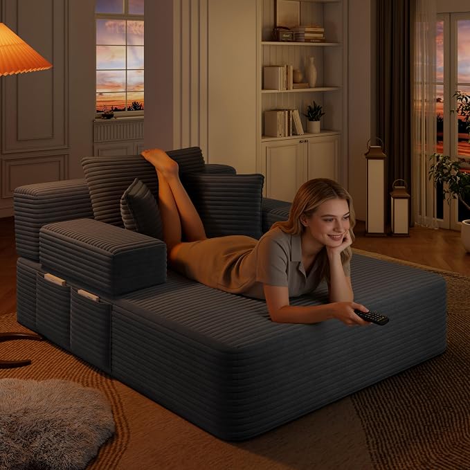 48.5" Oversized Chaise Lounge Chair Indoor, 3-in-1 Convertible Sleeper Sofa Bed, Plush Corduroy Boneless Chaise with 3 Pillows & Side Pockets, Adjustable Back/Armrest for Living Room - Dark Grey