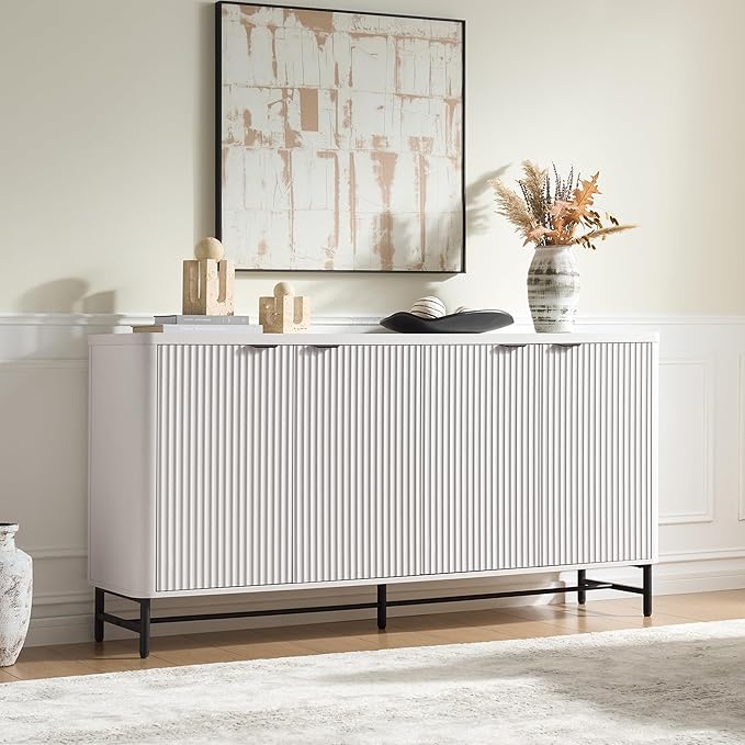 Large Sideboard Buffet Cabinet with Storage, 65" Modern Fluted Credenza Accent Coffee Bar Console Table with Doors & Adjustable Shelves for Dining Room, Living Room, Hallway(White)