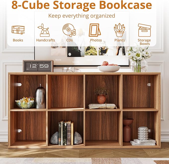 IRONCK Bookshelf, 8-Cube Storage Cube Shelf Organizer, Extra Thick Frame Horizontally & Vertically Reversible Bookcase with Open for Living Room, Bedroom, Home Office, Oak Brown