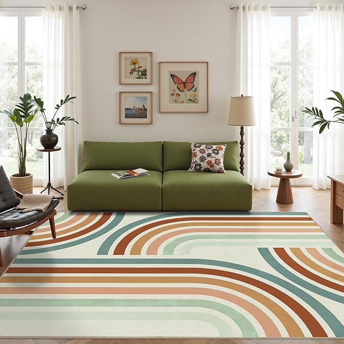 Indoor Outdoor Area Rug, Mid Century Modern Multicolored Outdoor Patio Rug,Washable Abstract Art Rainbow Rugs Non-Slip Carpet for Camping, Bedroom, Deck(5x8)