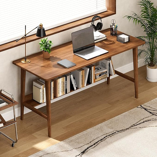 63" Solid Wood Office Desk, Mid-Century Modern Computer Desk with Storage Shelf, Large 2-Person Writing Study Table Workstation for Home Office, Walnut Finish