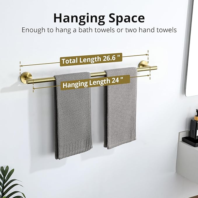 SAYAYO Towel Racks for Bathroom, 24 Inch Towel Bar Brushed Gold, Towel Rod Towel Holder Wall Mount SUS304 Stainless Steel (26 Inch Total Length)