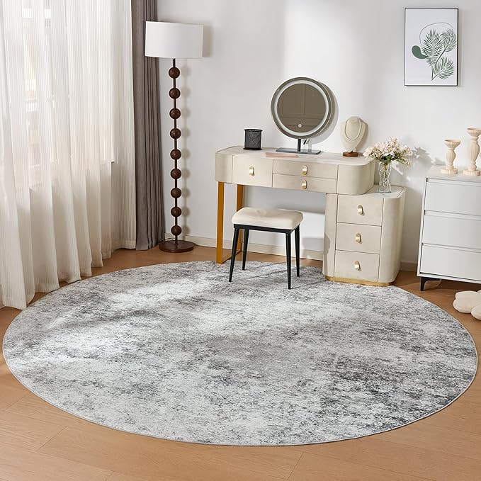 WITSHOCK 8ft Round Area Rug for Living Room: 8x8 Washable Neutral Modern Abstract Soft Thin Rug Indoor Floor No Slip Rug Carpet for Bedroom Under Dining Table Home Office Decor (Gray)