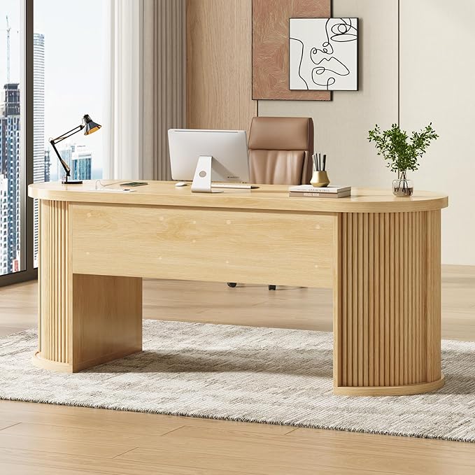 SEDETA Office Desk with 2 Drawers, 58.3" x 21.7" Fluted Computer Desk with 2 Sliding Doors Storage and Power Strip, Wood Executive Desk for Home Office, Light Oak