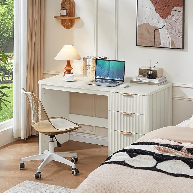 LEYAOYAO Office Desk 48" with 3 Drawers Storage File Cabinet Wood Fluted Desk for Computer Office Bedroom Home Furniture White