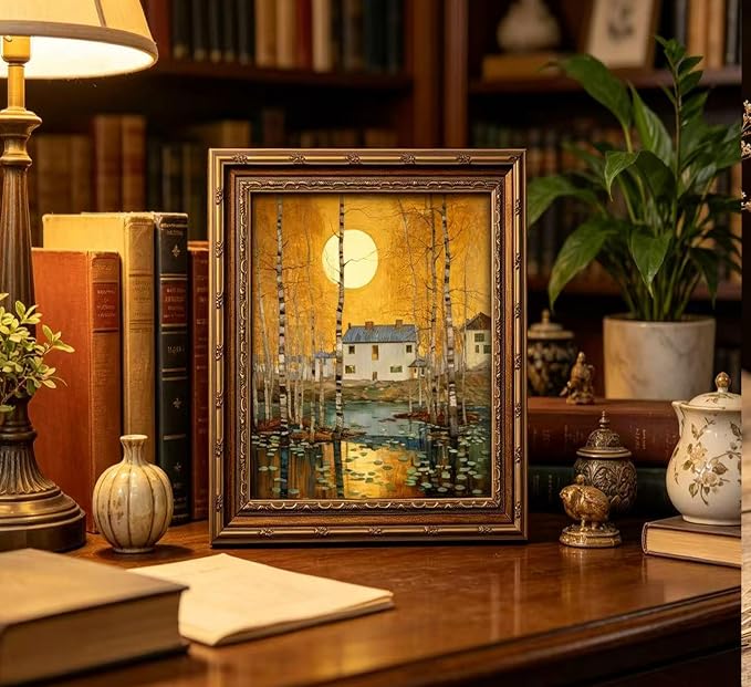 Vintage Gold Framed Minimalist Moon Canvas Wall Art，Retro Celestial Neutral Tone Textured Poster Artwork，Warm Tone Bohemian Wall Decor，for Bedroom Living Room Office，16x24in