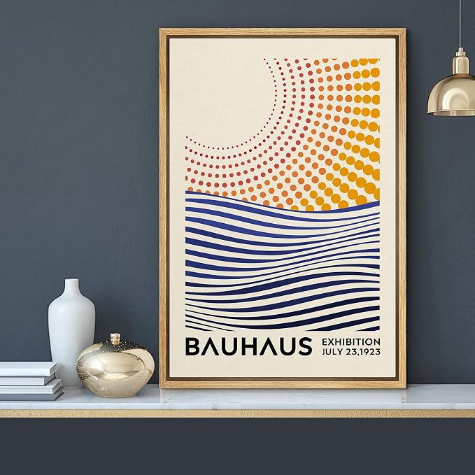 MUDECOR Framed Canvas Print Wall Art Mid-Century Bauhaus Geometric Sun & Ocean Shapes Abstract Illustrations Modern Art Minimal Multicolor Relax/Calm for Living Room, Bedroom, Office - 16"x24" NATURAL