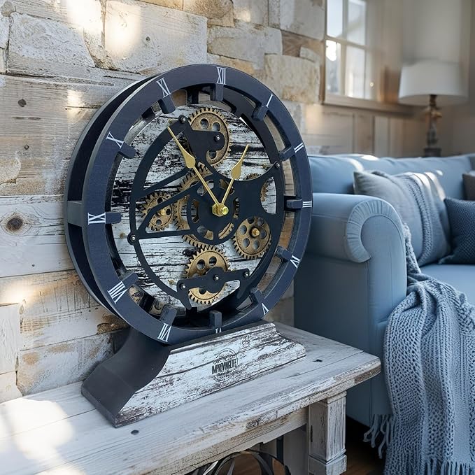 ImprovingLife The Gears Clock Desk Clock 10 inches with Real Moving Gears Convertible into Wall Clock (Grey & White)