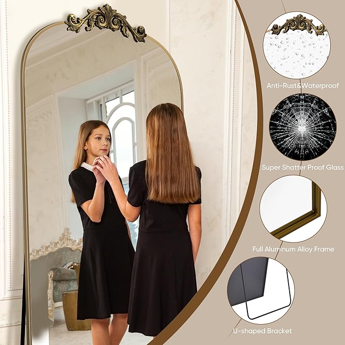 Antok Arched Full Length Mirror, 65"x22" Floor Mirror with Carved, Full Body Mirrors for HomeDecor, Standing/Halling Large Wall Mirror for Bedroom, Living Room, Cloakroom, Bronze, Retro Style