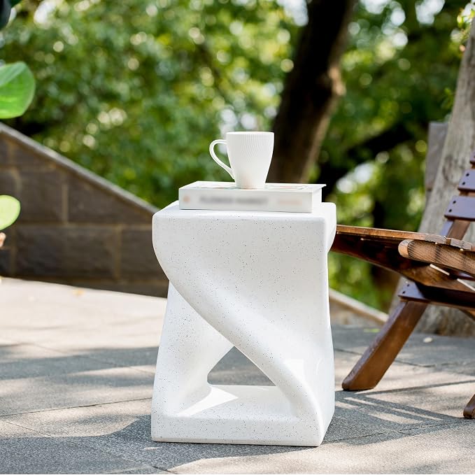 ø13.39'' Faux Concrete Cement Round Side Table End Table, Modern Contemporary Minimalist Twisted-Base Style, MGO Material for Indoor & Outdoor, No Assembly, White