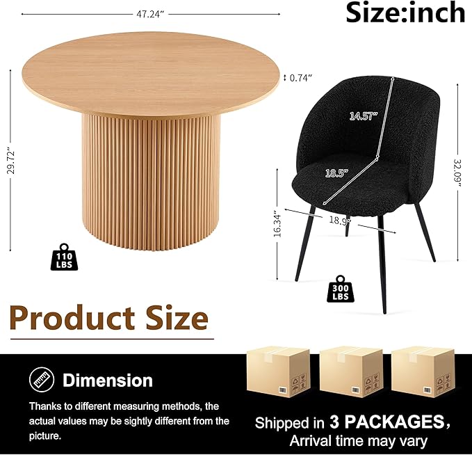 5-Piece Modern Kitchen Dining Room Table Set for 4, 47-Inch Oak Wooden Dining Table Round with 4 Seated Black Arm Chairs Upholstered Sherpa, Mid-Century Breakfast Nook Table Set