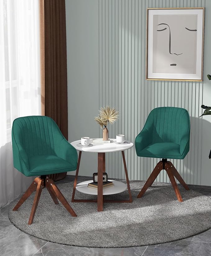 OS MOTOR Modern Swivel Accent Chair with Arms, Upholstered Desk Chair No Wheels, Mid-Century Fabric Armchair with Oak Wood Legs for Home Office, Bedroom, Vanity, Green