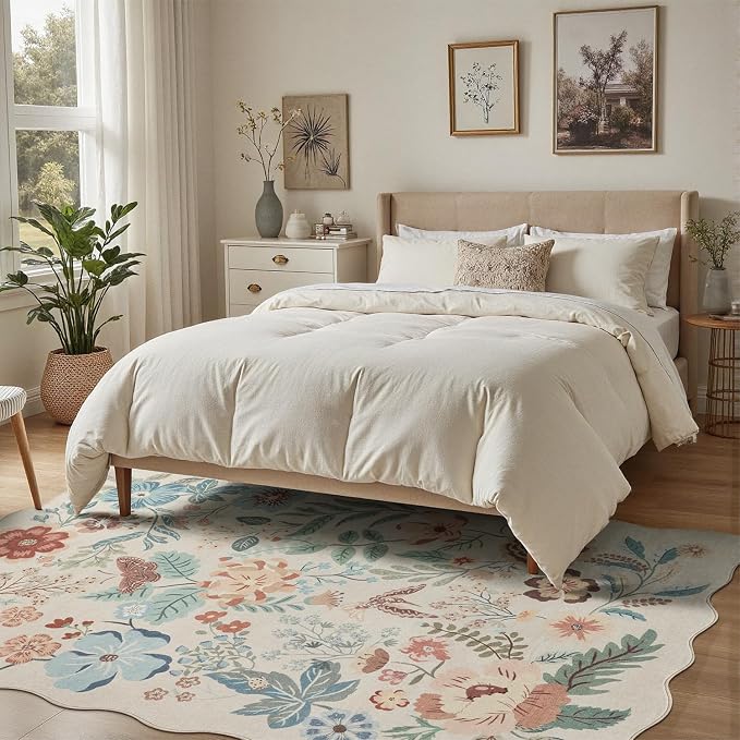 DCX Beige Floral Rug 8x10, Washable Beige Rug for Living Room, Kid & Pet Friendly with Rubber Back Non Slip, Soft Low Pile Carpet, Stain Resistant Rug for Bedroom, Nursery, Dining Room