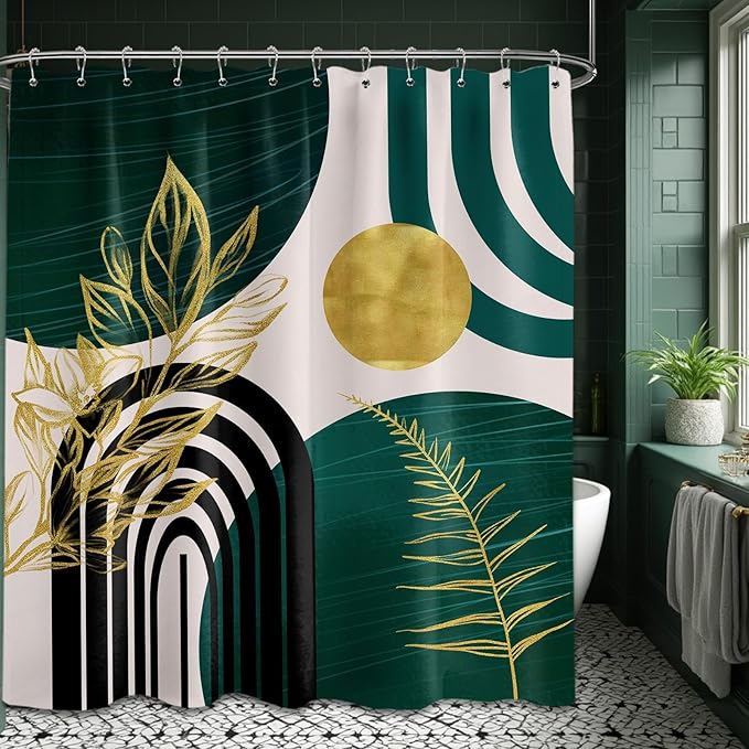 Dark Green Shower Curtain Boho Mid Century Modern Emerald Hunter Green and Gold Shower Curtains for Bathroom Decor, Waterproof Cloth Fabric with Hooks, 70" W x 78" L