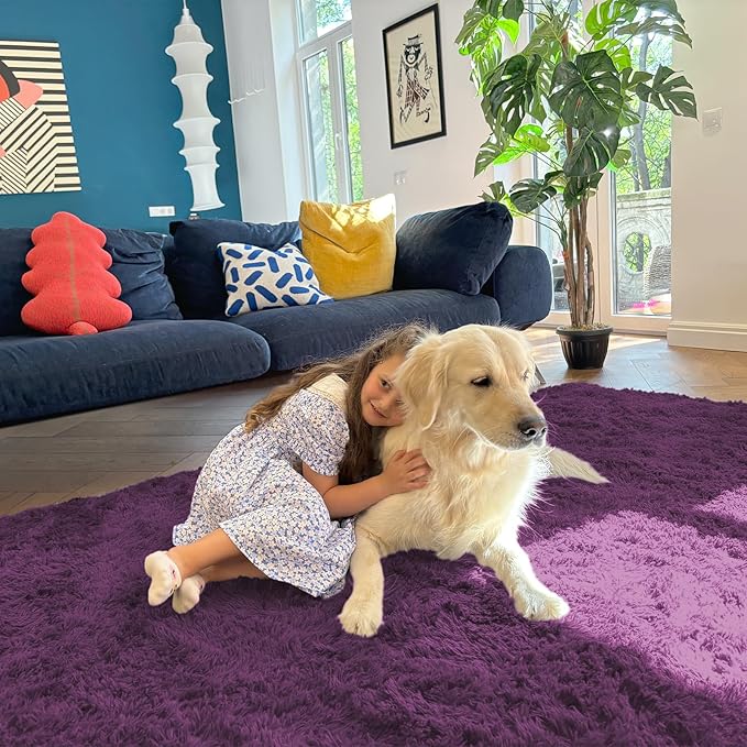 OLANLY 6x9 Machine Washable Large Area Rugs for Living Room, Bedroom, Soft Fluffy Shaggy Bedside Rug, Indoor Floor Carpet for Kids Girls and Boys, Dorms, Nursery, Home Decor Aesthetic, Dark Purple