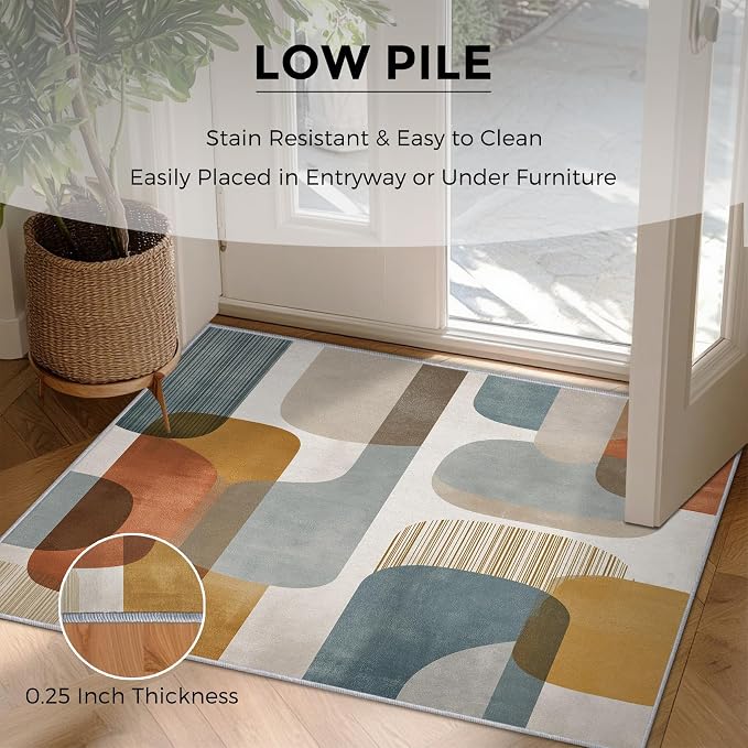 2x3 Mid Century Geometric Throw Rugs for Entryway, Washable Mid Century Modern Pattern Indoor Door Mat, Bedroom Kitchen Entrance, Non Slip Soft Thin, Abstract Decor Small Area Rug PF-P 117