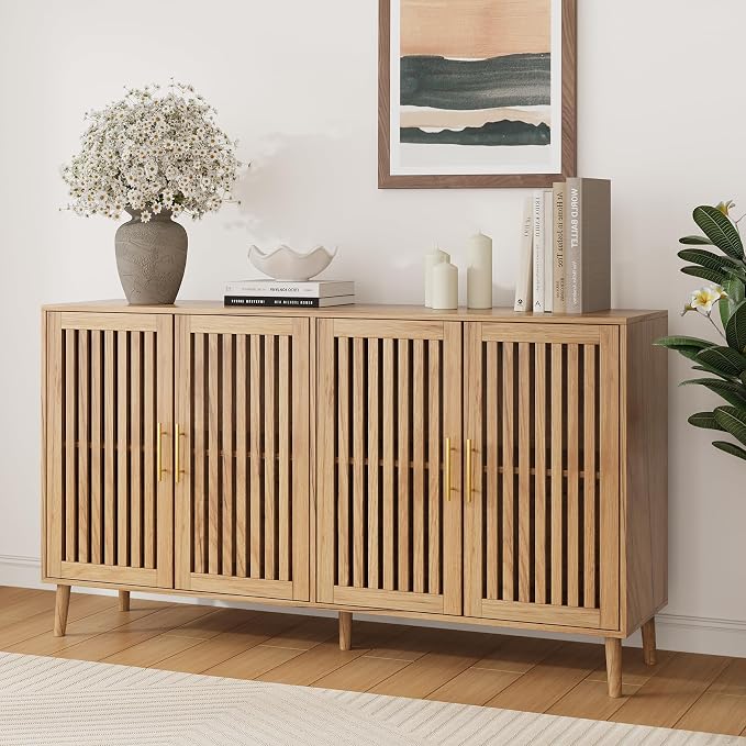 Smart FENDEE 63" Long Sideboard Buffet with 4 Slatted Doors, Farmhouse Buffet Storage Cabinet with Adjustable Shelves, Coffee Bar Cabinet for Entryway, Kitchen, Dining Room, Living Room, Natural