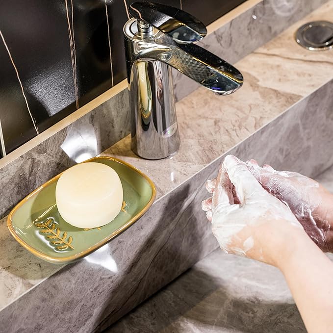 Soap Dish Soap Holder Shower, Ceramic Soap Dishes for Bar Soap Sponge, Shower Soap Dish Soap Saver Tray for Bathroom Kitchen Sink, Easy to Clean, Green (Pack of 2)